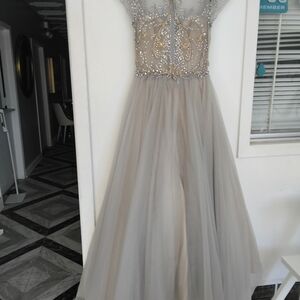 Elegant Beaded Gown in Gray and Silver